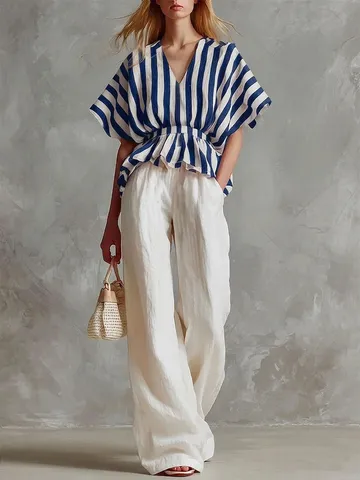Conjunto de Dos Piezas Casual de Verano para Mujer Top de Manga Corta con Cuello en V a Rayas y Pantalón Ancho Traje de Vacaciones