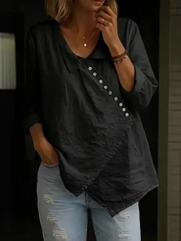 Blusa Casual de Manga Larga para Mujer Holgada Dobladillo Irregular Cuello Camisero Camisa con Botones