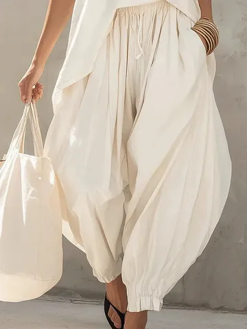 Conjunto de Parte Superior E Inferior Casual de Lino de Algodón para Mujer Camiseta sin Mangas Asimétrica Y Pantalones Harem Color Sólido Suelto Transpirable
