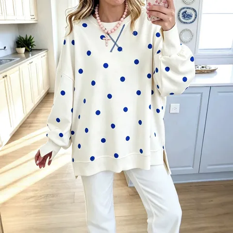 Women's Casual Loose Long Sleeve Crew Neck Polka Dot Printed Sweatshirt Pullover Side Split Fashion Daily Tops