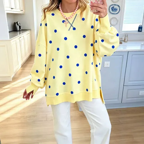 Women's Casual Loose Long Sleeve Crew Neck Polka Dot Printed Sweatshirt Pullover Side Split Fashion Daily Tops