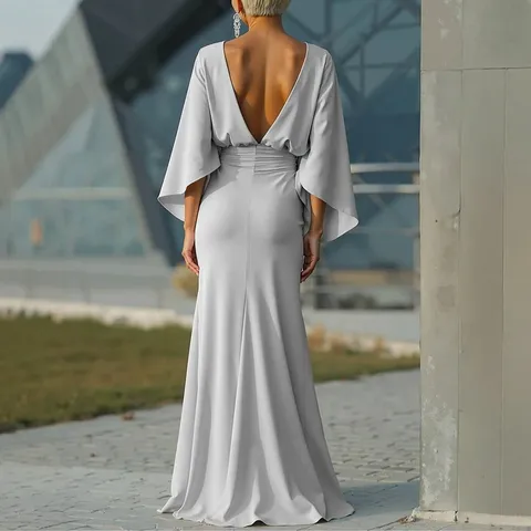 Vestido Largo Maxi Sirena Plisado Manga Larga Cuello Barco Elegante para Mujer Fiesta de Noche Formal