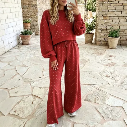 Women Casual Polka Dot Print Long Sleeve Sweatshirt Drawstring Wide Leg Pants Top And Bottom Polyester Loungewear