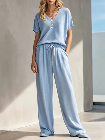Conjunto Casual de Dos Piezas de Punto Waffle para Mujer Cuello en V Medio Botón Top de Manga Corta Y Pantalón Ancho