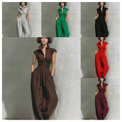 Mono Casual de Lino para Mujer con Solapa Sin Mangas Talle Alto Pierna Ancha Pantalones Largos Estilo Vacaciones Europeo Color Sólido