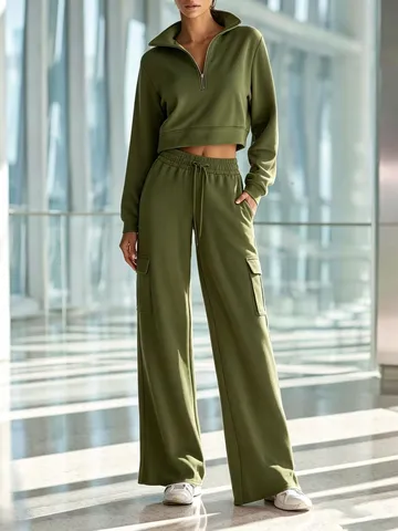 Sudadera Corta Casual de Mezcla de Algodón con Media Cremallera para Mujer y Pantalones Anchos Conjunto Deportivo