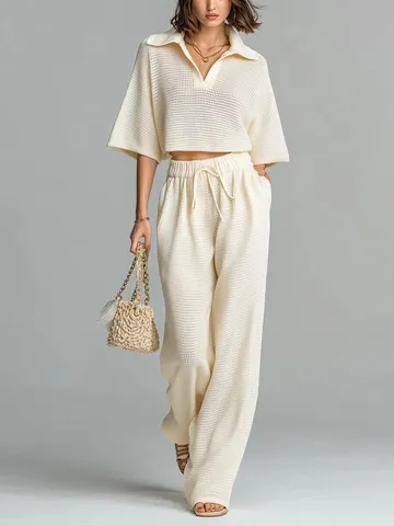 Conjunto de Top y Pantalón de Punto Calado Casual para Mujer Solapa Manga Corta Cintura Alta Cordón Pantalones Pierna Ancha