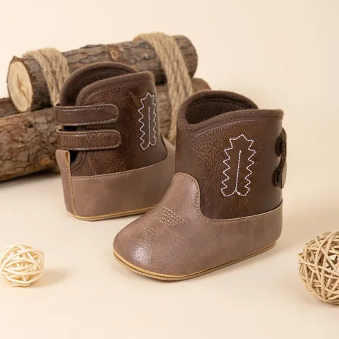 Bottes de Bébé Style Western Cowboy en Cuir Artificiel Chaussures de Premier Pas Brodées Semelle Souple Bottines Mi-Mollet