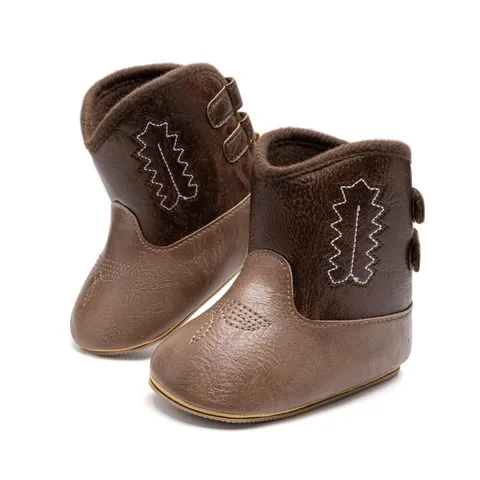 Bottes de Bébé Style Western Cowboy en Cuir Artificiel Chaussures de Premier Pas Brodées Semelle Souple Bottines Mi-Mollet