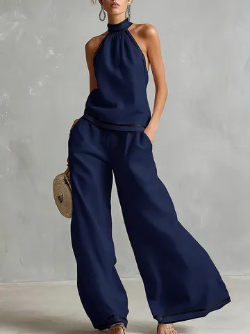 Conjunto de Top Halter y Pantalones Anchos de Verano para Mujer Vacaciones Patchwork de Rayas