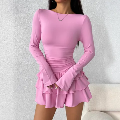 Mujer Casual Color Sólido Manga Larga Cuello Redondo Corte Ajustado Volante Patchwork Mini Vestido Viaje Elegante Moda Ropa