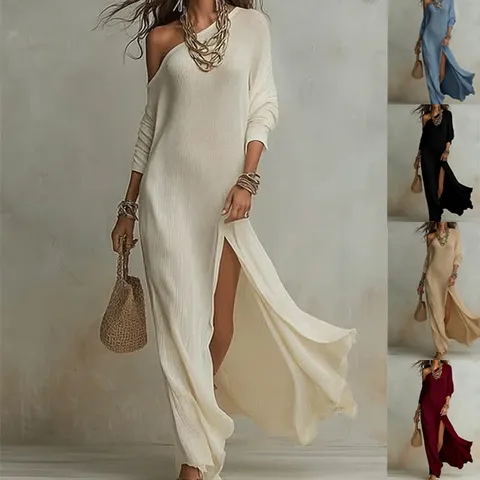 Vestido Maxi Largo Elegante de Manga Larga con Un Hombro Plisado y Abertura para Mujer Vestido de Punto de Poliéster Color Sólido
