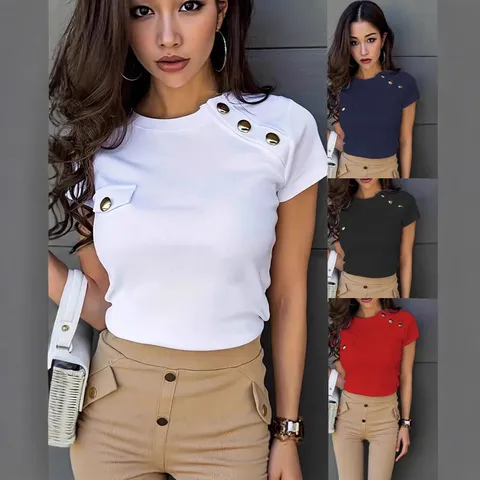 Camiseta Elegante de Elastano para Mujer Color Sólido Cuello Redondo Manga Corta Top Con Botones Decorativos Ajuste Ceñido Casual