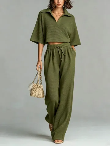 Conjunto de Top y Pantalón de Punto Calado Casual para Mujer Solapa Manga Corta Cintura Alta Cordón Pantalones Pierna Ancha