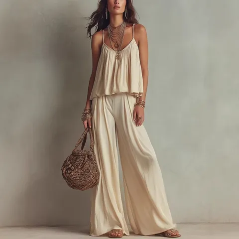 Bohemio Mujer Conjunto De Dos Piezas Color Sólido Top Sin Mangas Y Pantalones Largos De Pierna Ancha De Tinta Alta Atuendo Casual De Verano