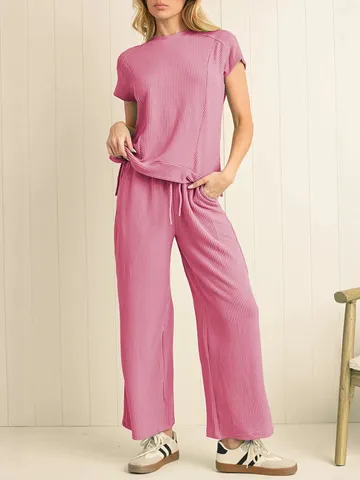 Mujer Casual Color Sólido Textura Tejido Conjunto Suelto Manga Corta Camiseta Y Pantalones Rectos Cintura Alta Traje De Dos Piezas