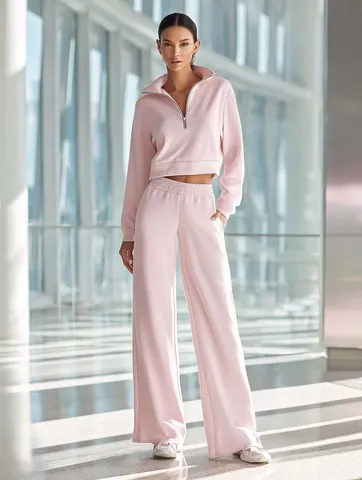 Sudadera Corta Casual de Mezcla de Algodón con Media Cremallera para Mujer y Pantalones Anchos Conjunto Deportivo