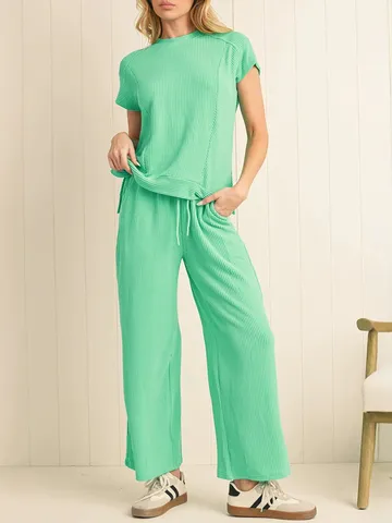 Mujer Casual Color Sólido Textura Tejido Conjunto Suelto Manga Corta Camiseta Y Pantalones Rectos Cintura Alta Traje De Dos Piezas