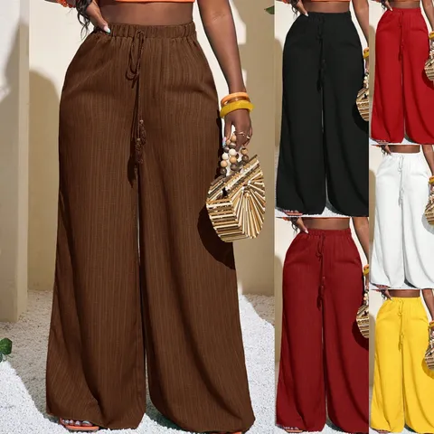 Pantalones de Pata Ancha de Cintura Alta para Mujer Texturizados con Cordón Casuales Sueltos Palazzo Pantalones Fluidos de Color Sólido Playa Vacaciones Pantalones Largos
