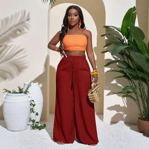 Pantalones de Pata Ancha de Cintura Alta para Mujer Texturizados con Cordón Casuales Sueltos Palazzo Pantalones Fluidos de Color Sólido Playa Vacaciones Pantalones Largos