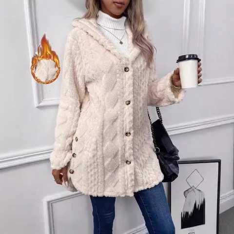 Chaqueta Cárdigan de Felpa con Capucha para Mujer con Botones Manga Larga Color Sólido Top Casual Abrigo Cálido de Lana de Invierno