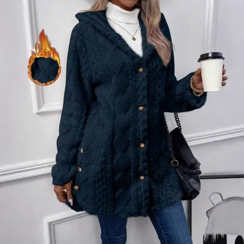 Chaqueta Cárdigan de Felpa con Capucha para Mujer con Botones Manga Larga Color Sólido Top Casual Abrigo Cálido de Lana de Invierno