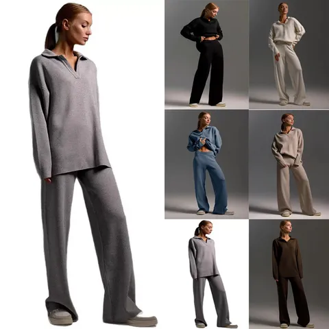 Conjunto Casual de Mujer en Punto de Poliéster Pulóver Polo Top And Bottom Pantalones de Pierna Ancha Manga Larga Otoño Invierno