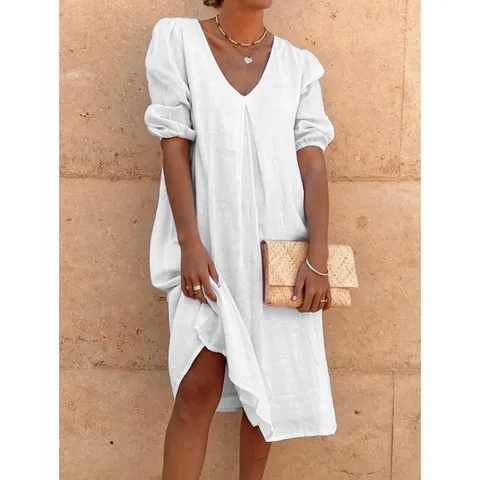 Damen Casual Leinen Midikleid V-Ausschnitt Kurzarm Einheitsfarbe Locker Übergröße Retro Elegant Sommer Alltag Kleid