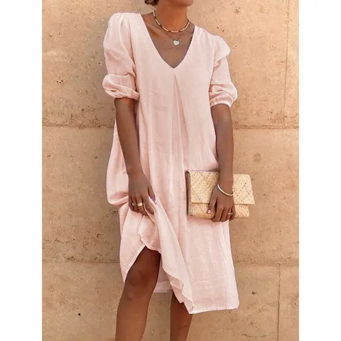 Damen Casual Leinen Midikleid V-Ausschnitt Kurzarm Einheitsfarbe Locker Übergröße Retro Elegant Sommer Alltag Kleid