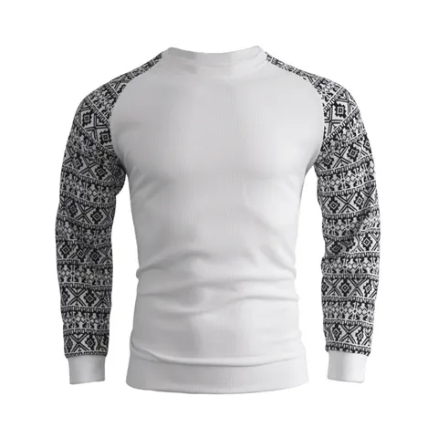 Men's Casual Long Sleeve Waffle Knit Sweater Slim Fit Crew Neck Raglan Geometric Print Pullover Top