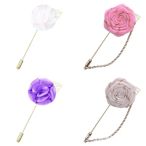 Fabric Rose Flower Brooch Pin Alloy Long Needle Suit Lapel Pin Elegant Wedding Party Jewelry Accessories For Women Men