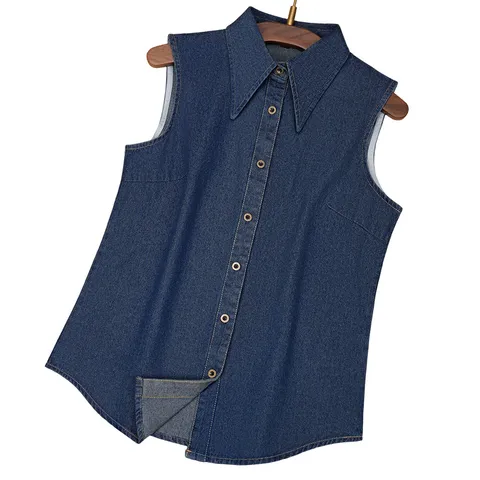 Women Casual Denim Vest Shirt Sleeveless Cotton Blend Button Up Top Loose Vintage Washed Denim Waistcoat With Pointed Collar