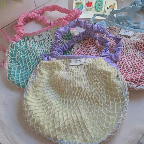Women Nylon Polyester Checkered Mesh Crossbody Bag Dopamine Color Drawstring Ruched Strap Shoulder Bag Spring Summer Tote Bag