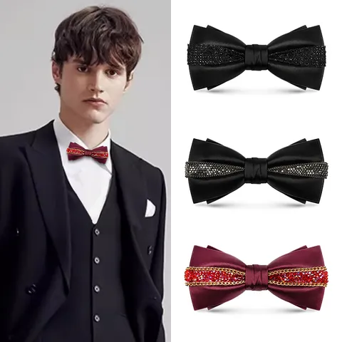 Farfallino Formale da Uomo Stile Britannico Strass Catena Metallica Matrimonio Sposo Accessori per Abito da Lavoro Poliestere