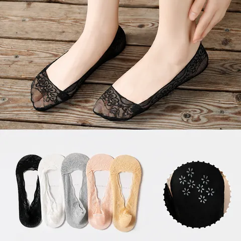 Women's Lace Ruffle No Show Socks Summer Thin Breathable Anti-Slip Silicone Invisible Short Socks