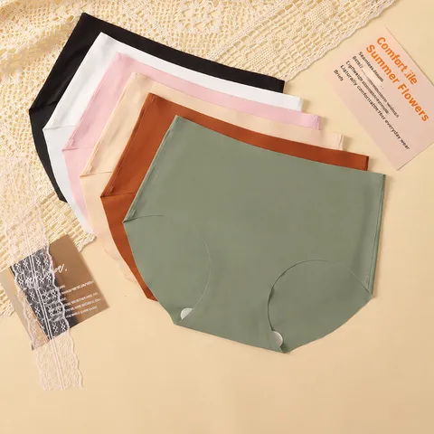 Women's Ice Silk Seamless Mid-Waist Panties Antibacterial Cotton Crotch Solid Color Breathable Stretch Briefs Underwear