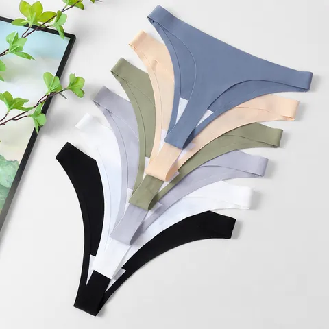 Women's Low-Waisted Seamless Ice Silk Thong Breathable Pure Cotton Crotch Panties Solid Color Stretch Underwear