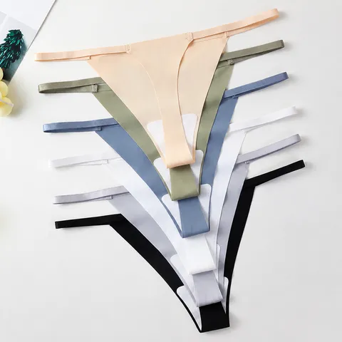 Women's Seamless Low Waist Thin Strap Sexy Thong Breathable Ice Silk Panties Solid Color Casual Underwear