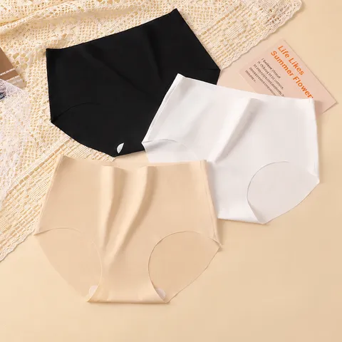 Women's Ice Silk Seamless Mid-Waist Panties Antibacterial Cotton Crotch Solid Color Breathable Stretch Briefs Underwear