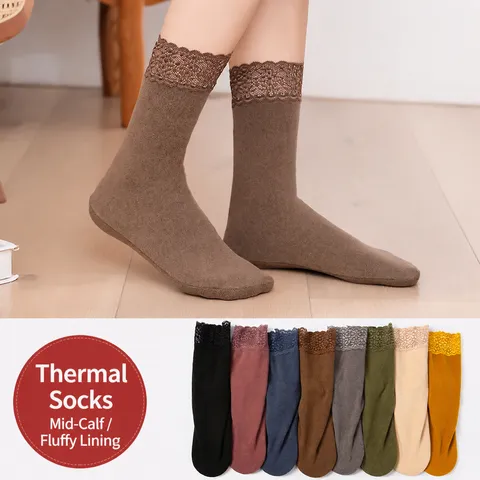 Dames Thermische Fleece Gefvoerde Lange Socken Winter Warme Over Knie Hoge Socken Met Kant Volant Effen Kleur