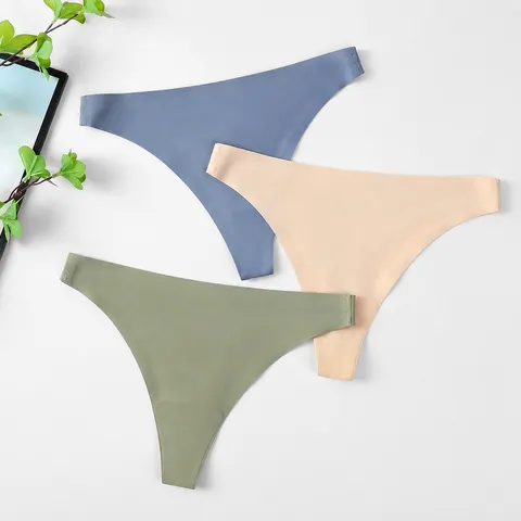 Women's Low-Waisted Seamless Ice Silk Thong Breathable Pure Cotton Crotch Panties Solid Color Stretch Underwear