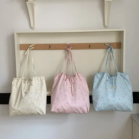 Lässige Polyester Baumwolle Karierte Umhängetasche Frische Sonnenblume Drucken Tragtasche Große Kapazität Kordelzug Schleife Einkaufstasche Für Damen