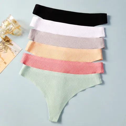 Damen Tief Geschnittener Nahtloser Tanga Baumwolle Gerippt Einheitsfarbe Atmungsaktiv Bequeme Slips Sexy Unterwäsche