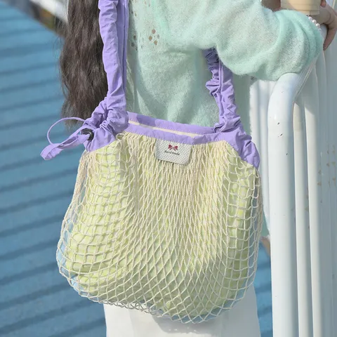 Women Nylon Polyester Checkered Mesh Crossbody Bag Dopamine Color Drawstring Ruched Strap Shoulder Bag Spring Summer Tote Bag
