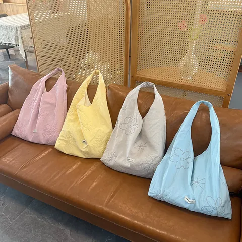 Sweet Style Women Nylon Shoulder Bag Elegant Flower Embroidery Handbag Casual Versatile Vest Tote Bag For Daily Matching
