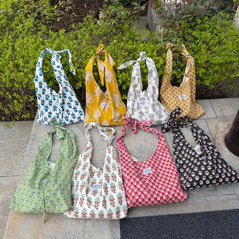 Korean Style Minimalist Polyester Tote Bag Large Capacity Floral Animal Print Shoulder Crossbody Knot Bag For Women Daily Casual