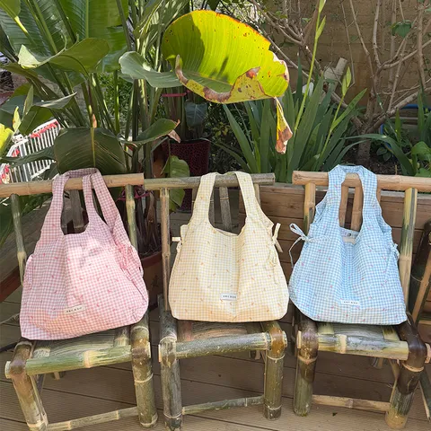 Women Sweet Checkered Bow Large Capacity Tote Bag Polyester Foldable Vest Bag Cute Bowknot Polka Dot Shoulder Bag For Daily Shopping