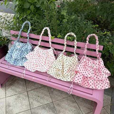 Bolso de Hombro de Satén con Lunares y Volantes con Cordón para Mujer Moda Casual Bolso de Cubo con Volantes Bolso de Viaje con Lunares
