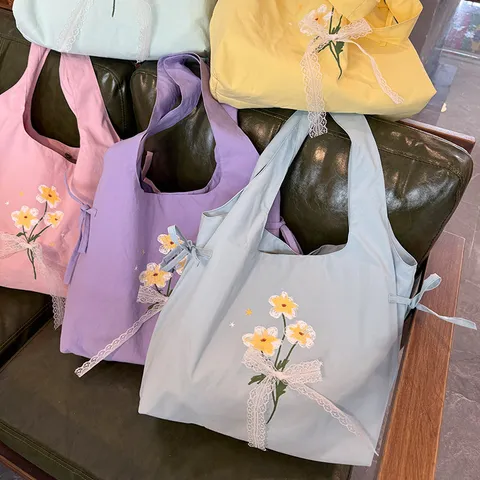 Sweet Nylon Shoulder Bag With Daisy Embroidery And Lace Bowknot Vest Style Tote Bag For Women Daily Match Bag
