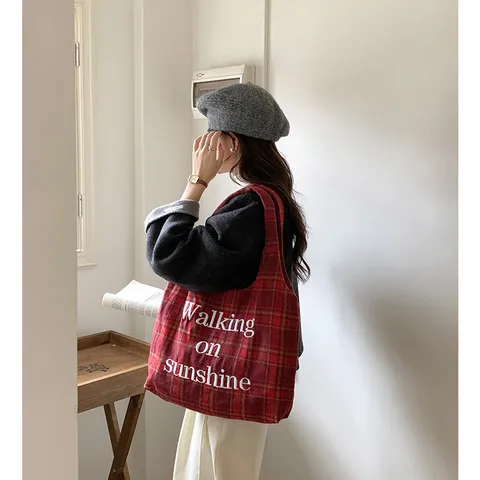 Women Retro Woolen Plaid Tote Bag 3D Letter Embroidery Vest Bag Autumn Winter Large Capacity Shopping Shoulder Bag